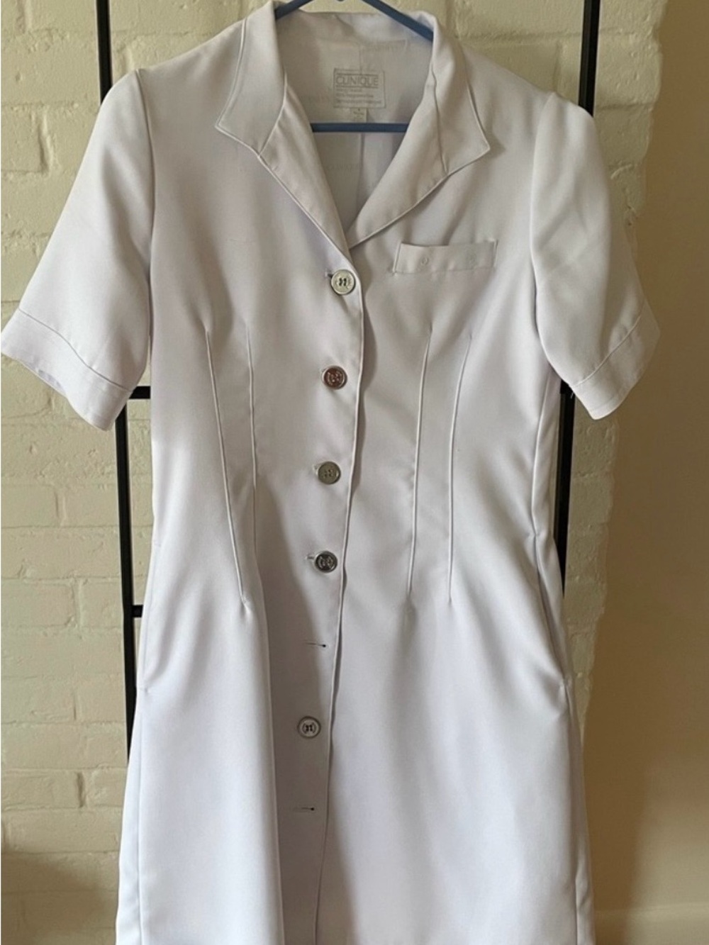 Clinique White Short-Sleeve Button Front Shift Dress